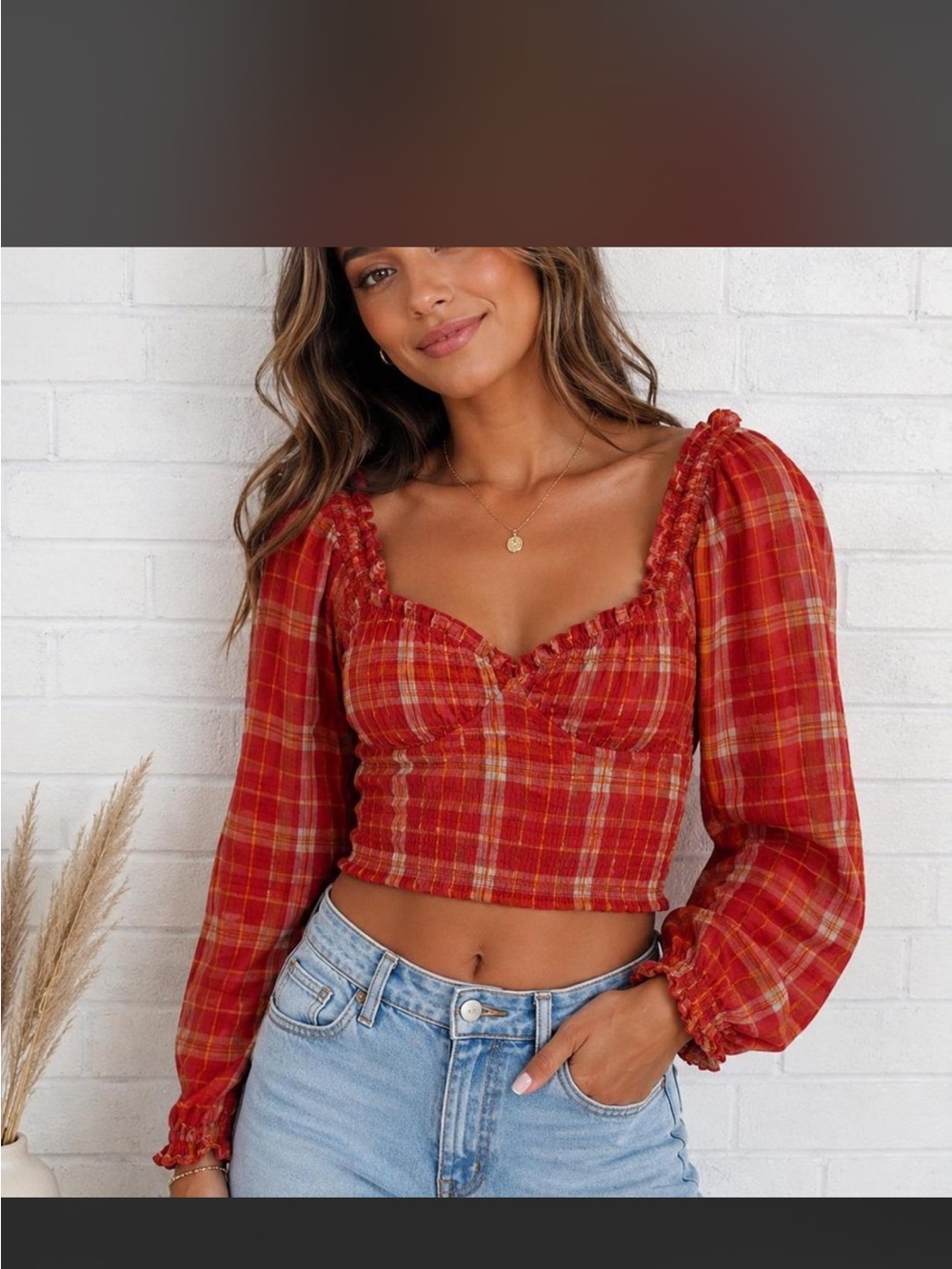 Red Plaid Long-Sleeve Crop Top - Women's